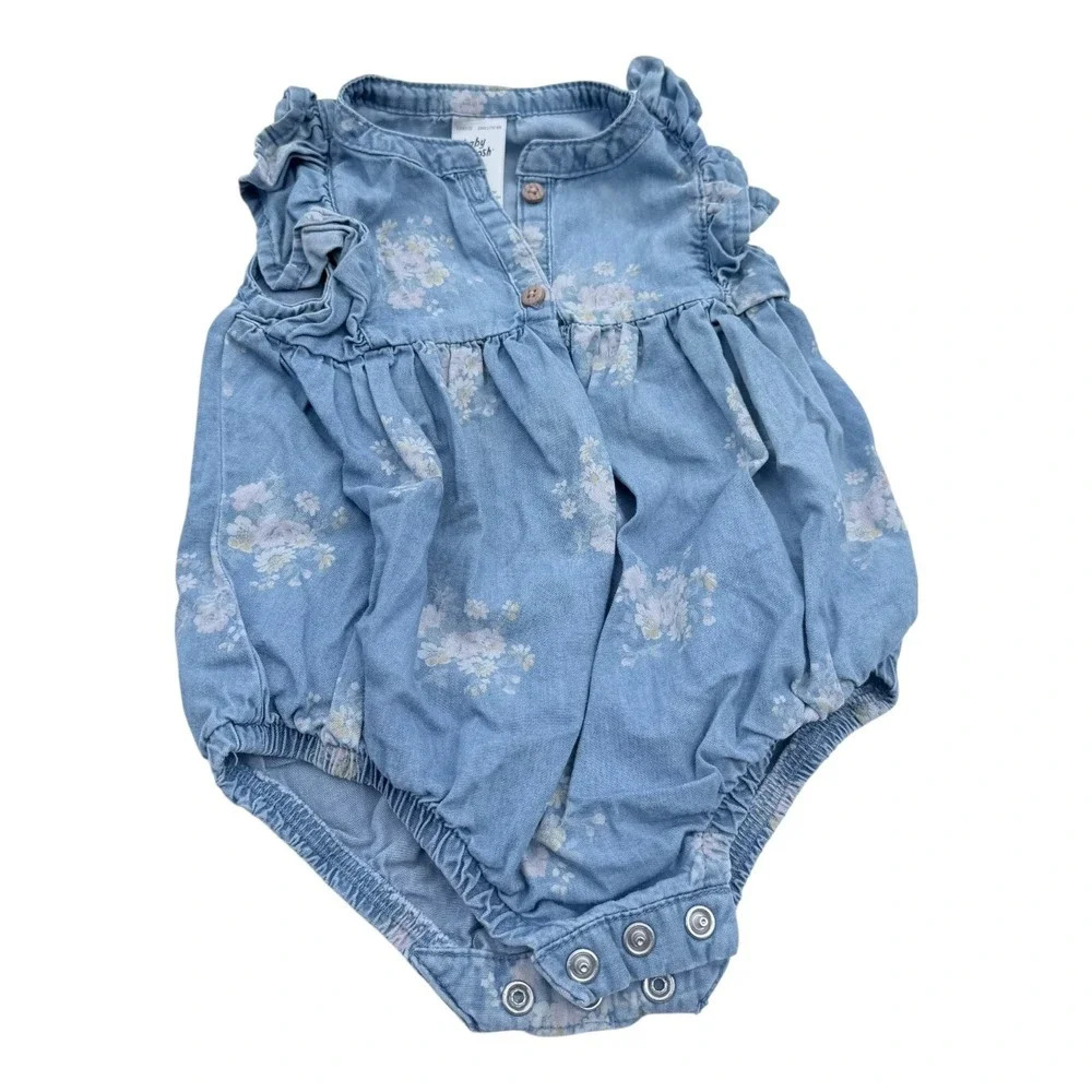 Baby Bgosh Floral Bubble Romper 3M Baby Girl Blue Cotton Chambray Boho Excellent